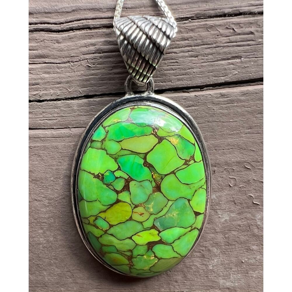 Sterling Silver 925 Green Turquoise Mosaic Pendant Necklace 18” Chain Statement